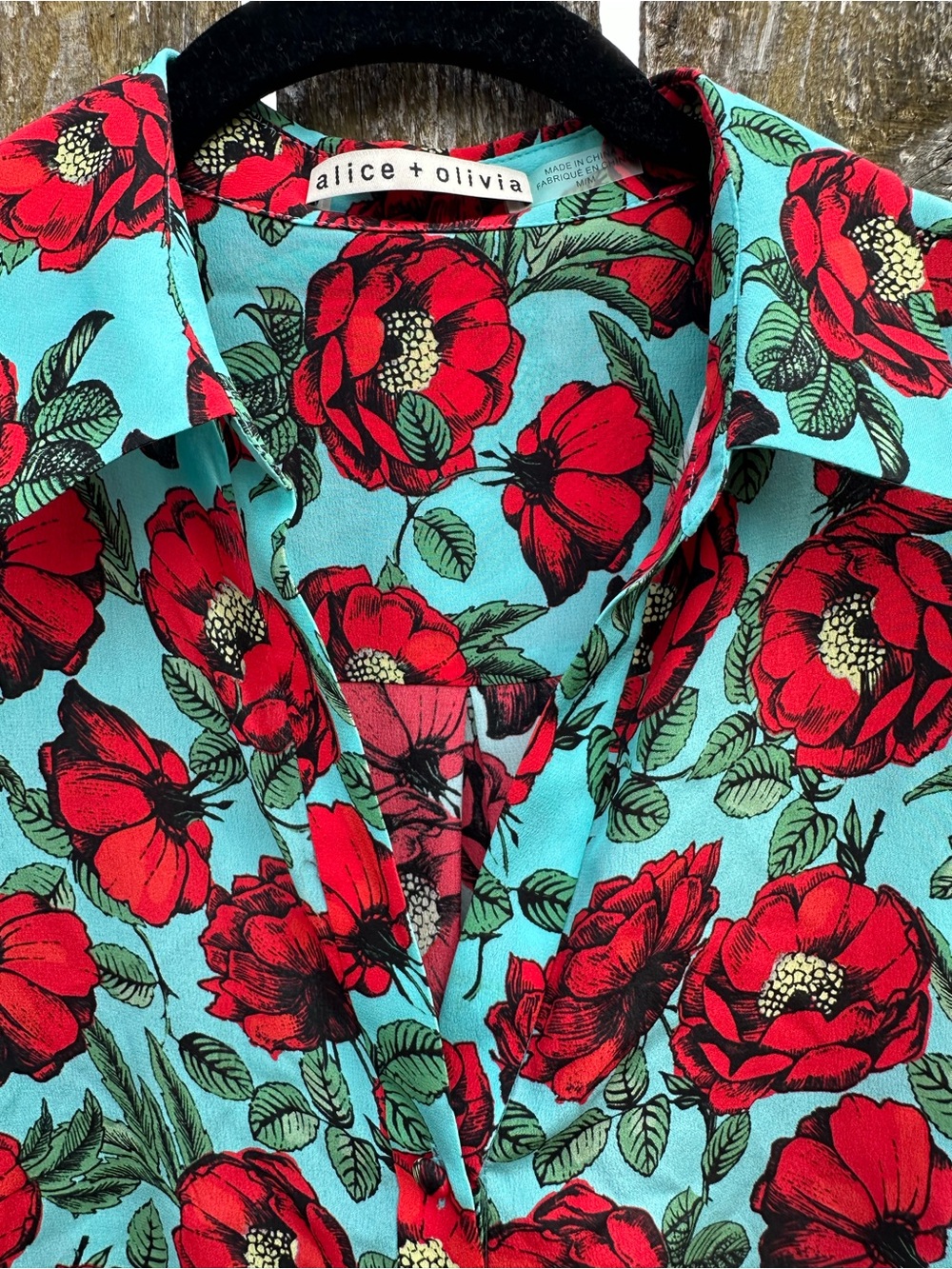 Alice + Olivia 100% Silk Red Poppy Floral Button Front Blouse Aqua Blue Medium - Picture 2 of 12